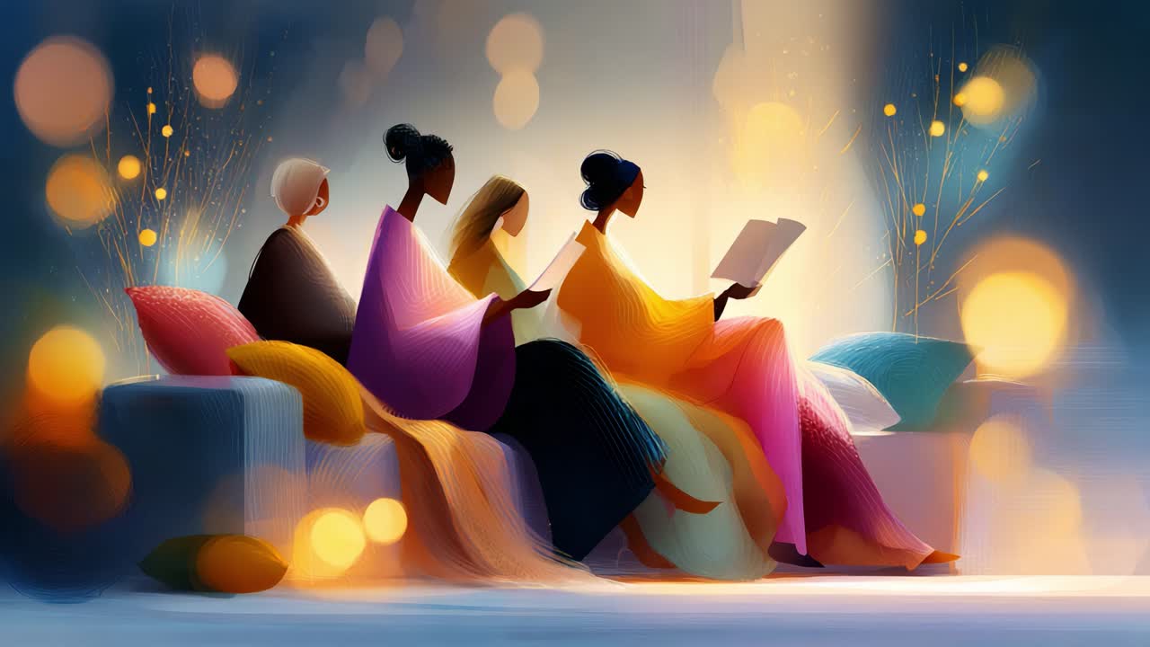 Four elegant women adorned in vibrant, flowing robes gather in a cozy, illuminated setting, immersed in reading, embodying tranquility, connection, and shared moments of reflection and joy