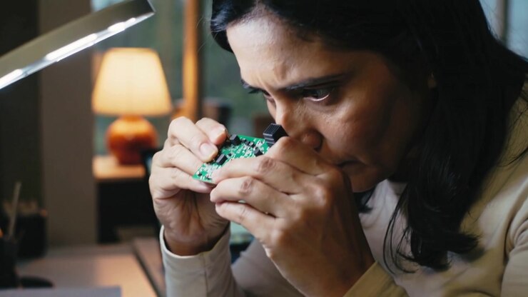 Placing woman technician wearing light top adjusting PCB on foam tray at desk, checking solder