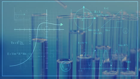 animación del procesamiento de datos científicos sobre tubos de ensayo en el laboratorio.