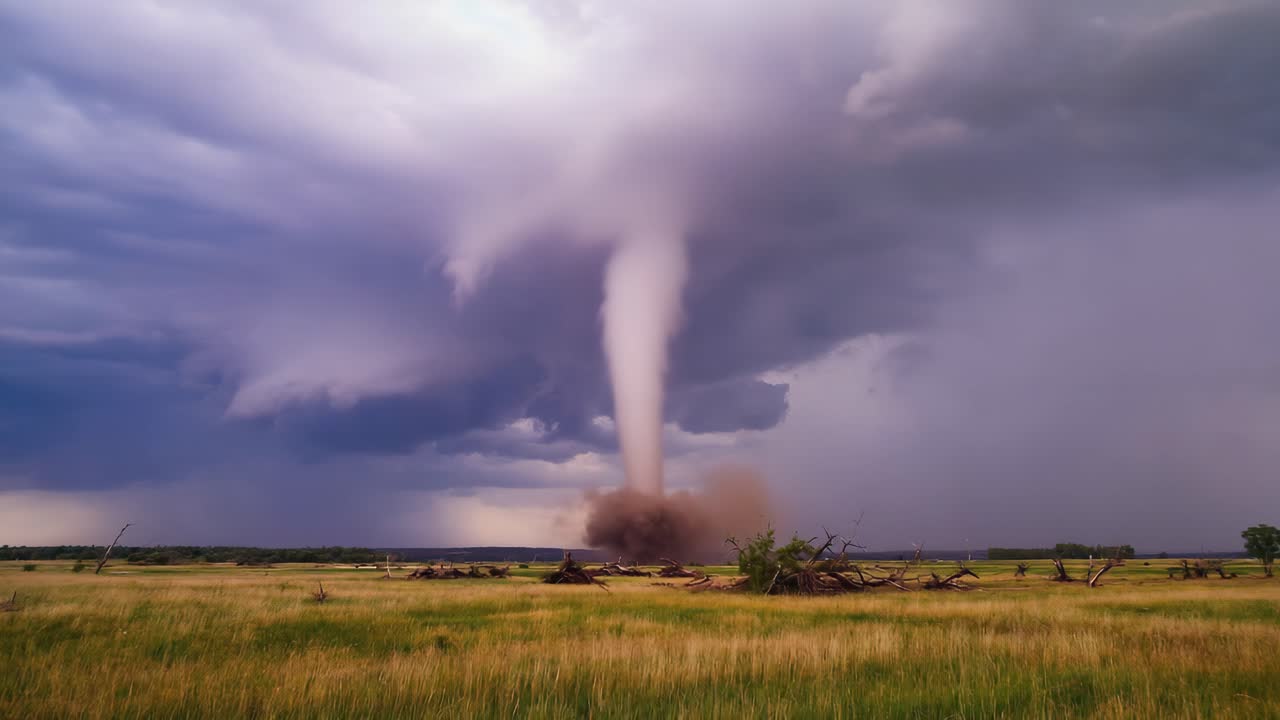Tornado over a grassy field