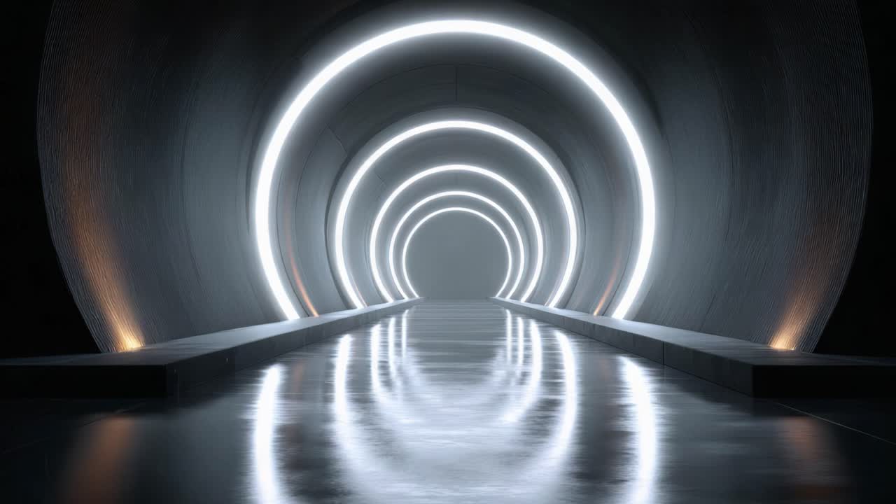 En futuristisk tunnel, oplyst af cirkulære lys, skaber en surrealistisk stemning. Den fører mod en æterisk destination, hvor en reflekterende overflade forstærker atmosfæren.