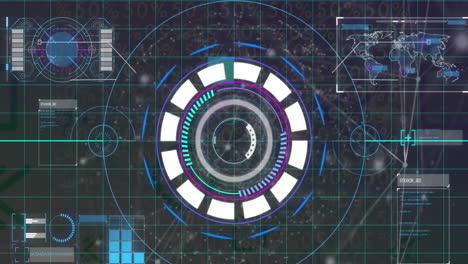 Animation of arc reactor over globes, map over globes against connected dots on black background