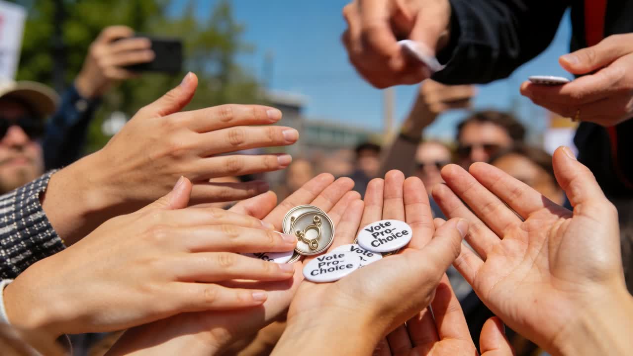 Distributore che lascia cadere spillette "Vota Pro-Scelta" nelle mani a coppa durante un raduno, sostenendo la causa.