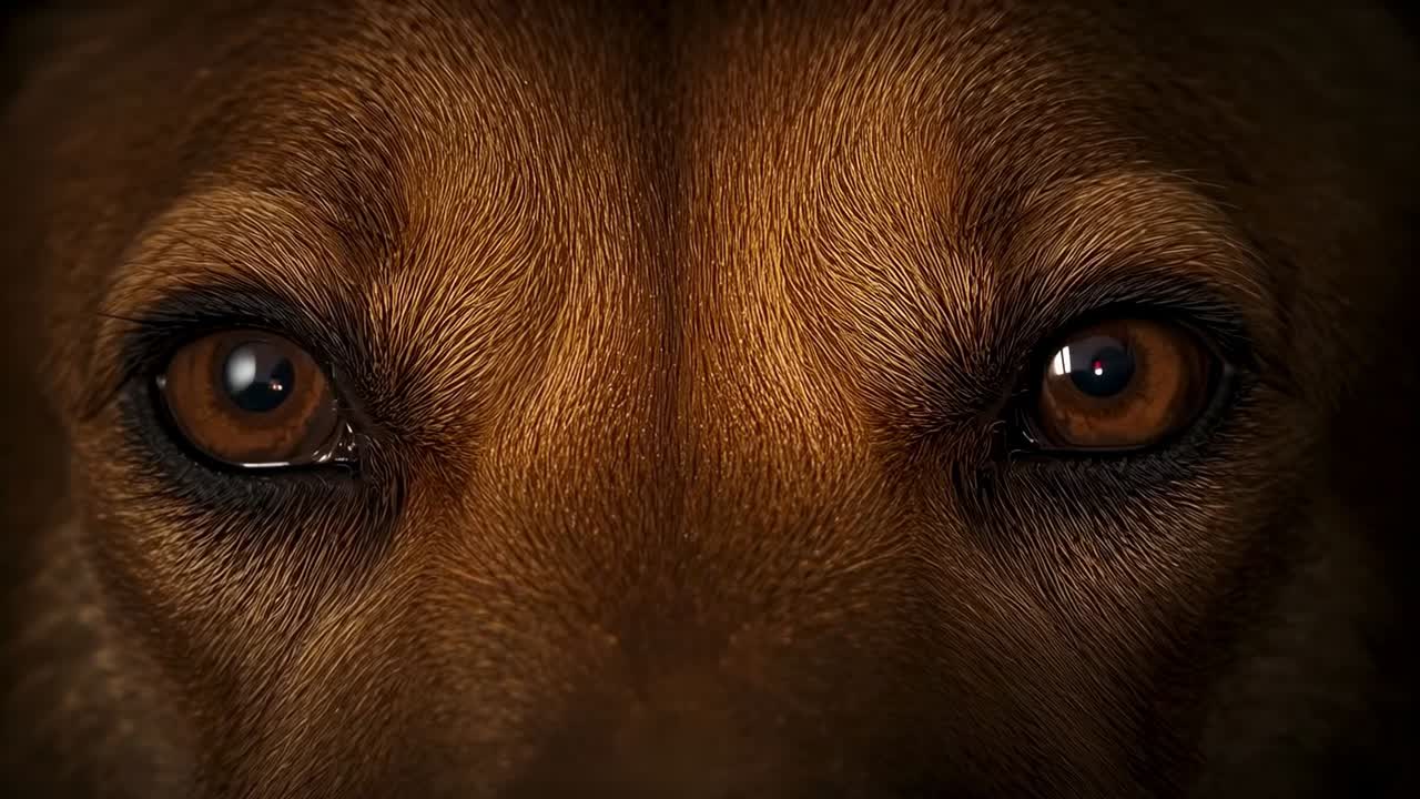 Primo piano su un cane adulto che spalanca gli occhi in uno studio buio dopo un cambio di luce, che mostra riflessi ambrati sulla cornea