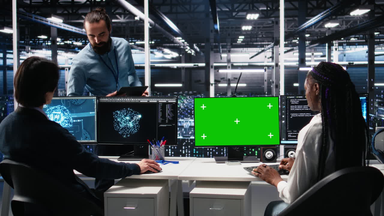 Female Technician And Coworker In Data Center Review Ai Diagnostics On Mockup Pc