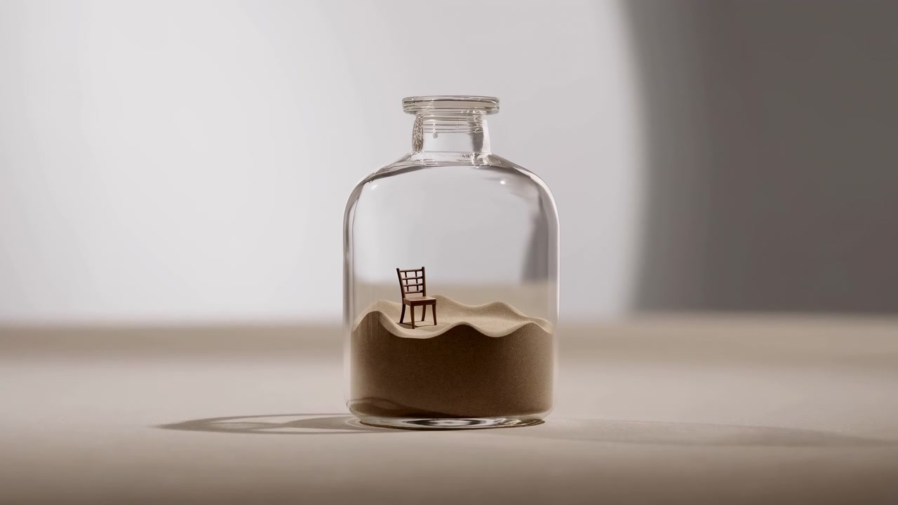 Miniatyrstol i glassflaske, sand lagdelt i små sanddyner, mykt studiolys kaster lange skygger og varmt.