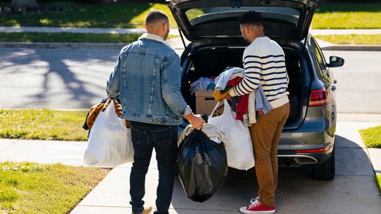 After parking car men carrying bags loading car trunk driveway sorting box and clothes for moving