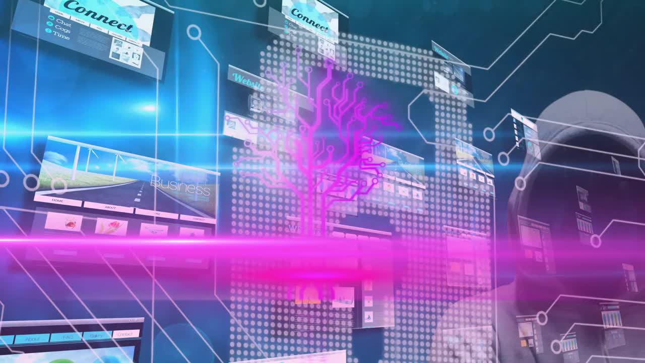 파란색 배경에 있는  ⁇ 락 아이콘과 데이터 처리 위에 있는 컴퓨터 회로판의 애니메이션