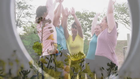 exercising outdoors, women in colorful activewear with plant silhouettes animation