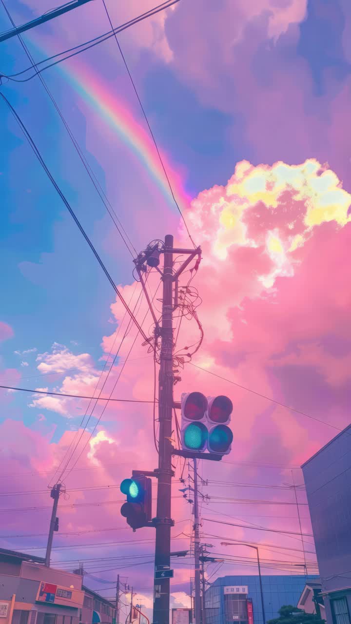 Vibrant, dreamy sky with a rainbow and traffic light video. Live mobile wallpaper