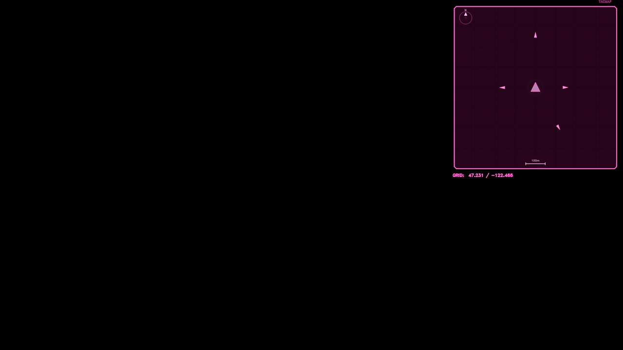 Magenta tactical map widget featuring moving unit markers, coordinate readouts, and a grid overlay. The animation loops seamlessly for video compositing.