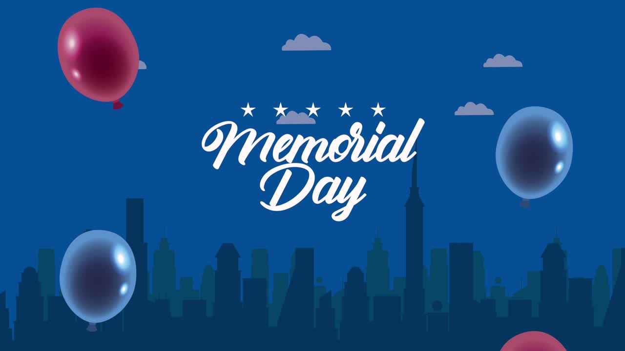 memorial day lettering with balloons helium in cityscape