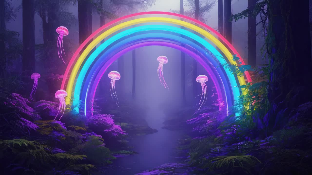 Neon Jellyfish Rainbow in Enchanted Forest