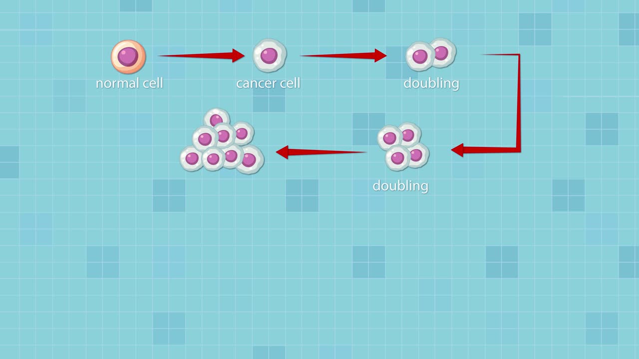 Animated diagram illustrates normal cell transforming into cancer cell, rapid doubling, and accumulation of mutant cancer cells using clear arrows and labeled steps