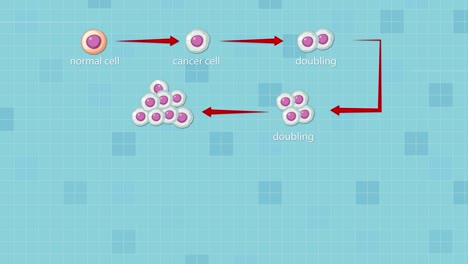 animated diagram illustrates normal cell transforming into cancer cell, rapid doubling, and accumulation of mutant cancer cells using clear arrows and labeled steps