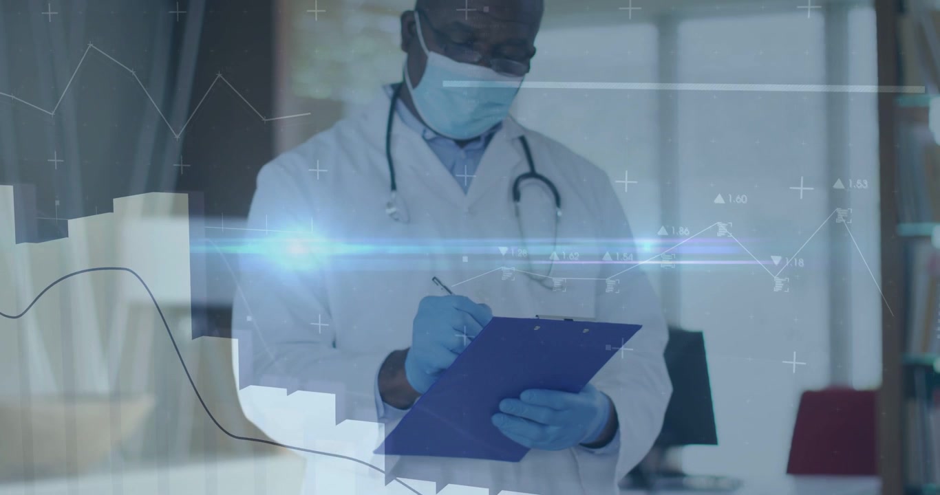 Medico anziano che inizia a scrivere su un blocco appunti in clinica, con barre e linee sovrapposte che mostrano dati sanitari.