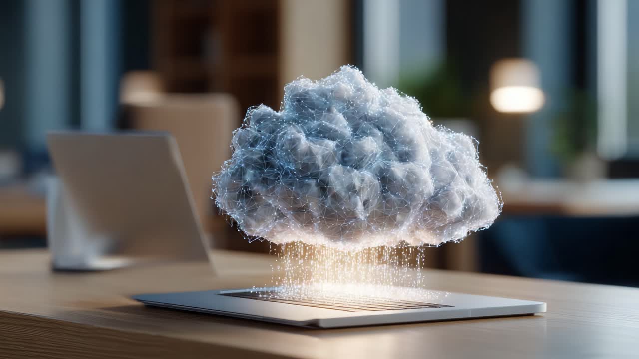 A 3D Render of a Digital Cloud Emanating Data Above a Laptop, Symbolizing Innovative Technology and Modern Connectivity in a Chic Office Environment