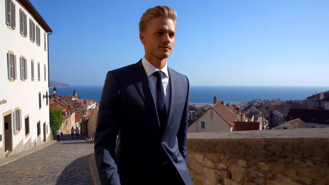 Un uomo ben vestito si muove con passo fermo accanto a un basso muro di pietra in piena luce diurna, con facciate bianche, tetti in terracotta, acqua blu distante e cielo aperto che si espande alla vista.