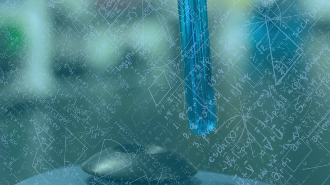 Animation of mathematical equations over test tube in lab