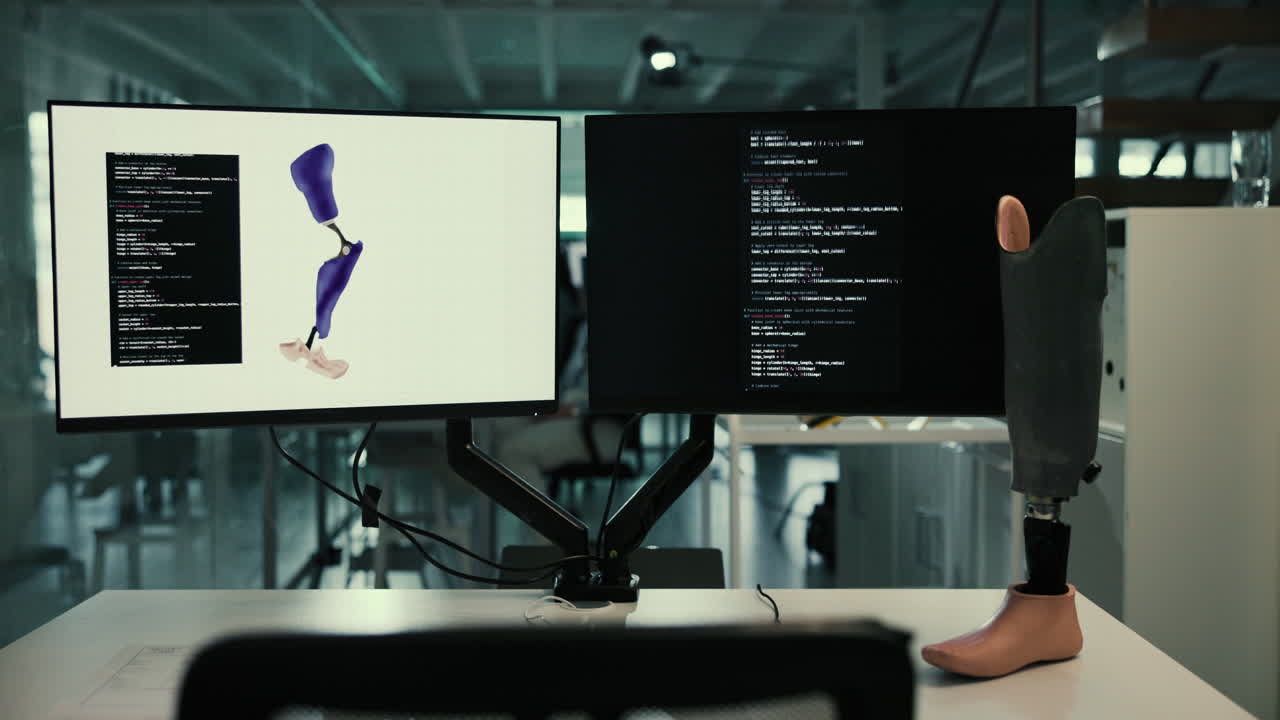 modelo 3d de una pierna protésica en una pantalla de computadora en un espacio de trabajo de ingeniería
