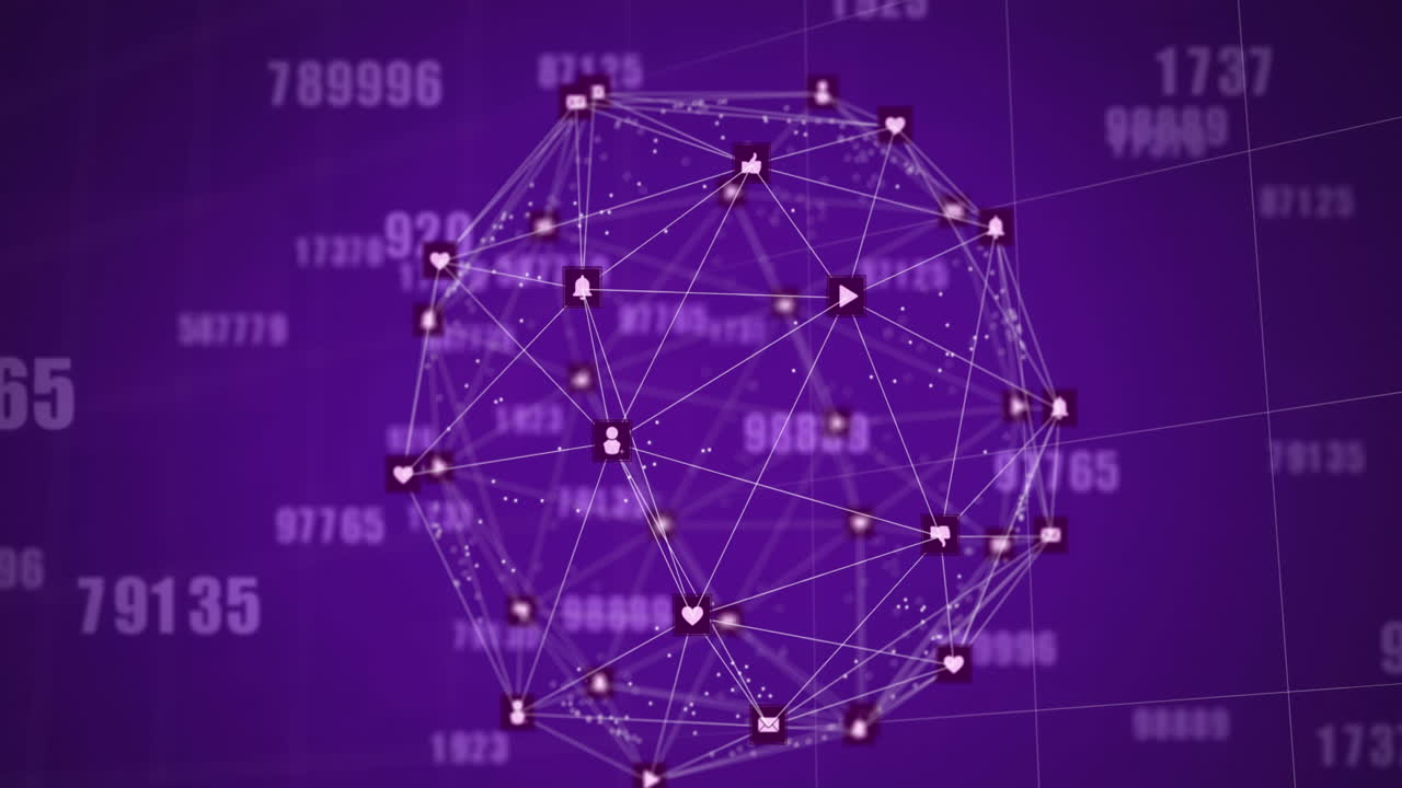 Animation of globe of network of connections with icons and numbers
