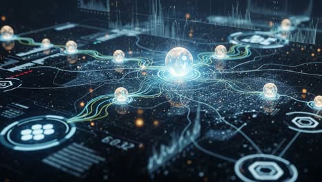 a captivating visualization of a futuristic data network showcasing interconnected nodes and luminous globes, illustrating the flow of information in a digital landscape