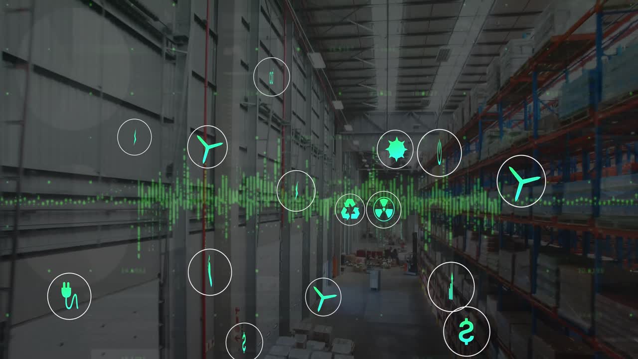 Animation of eco icons and data processing over warehouse