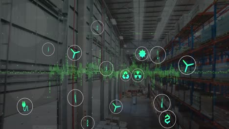 Animation-of-eco-icons-and-data-processing-over-warehouse
