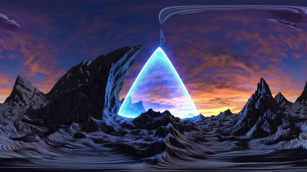 Sci-Fi Alien Landscape with Glowing Energy Pyramid at Sunset