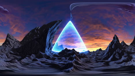sci-fi alien landscape with glowing energy pyramid at sunset