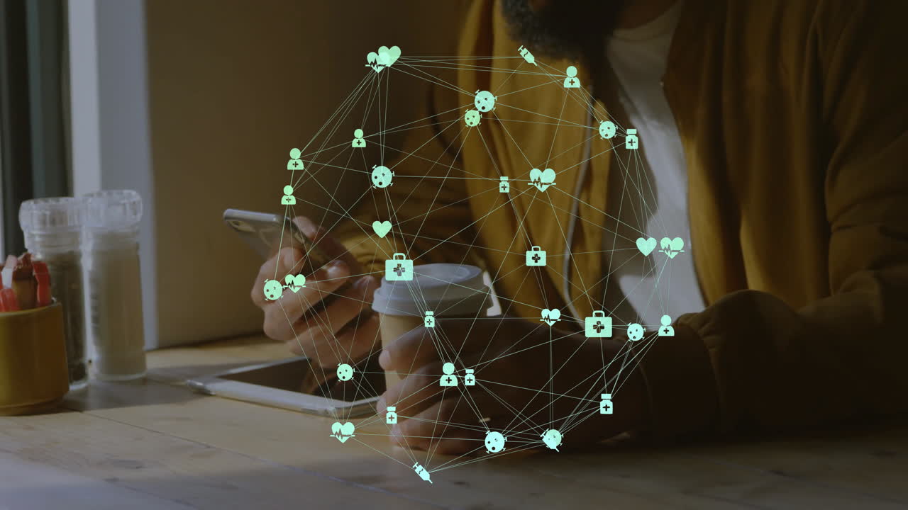 Smartphone and coffee cup beside tablet, showcasing health network hovering above table in 3D style