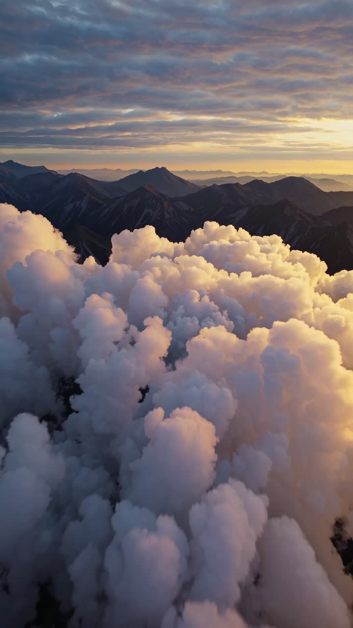 Aerial video view of a breathtaking mountain range at sunset, with fluffy clouds in the foreground