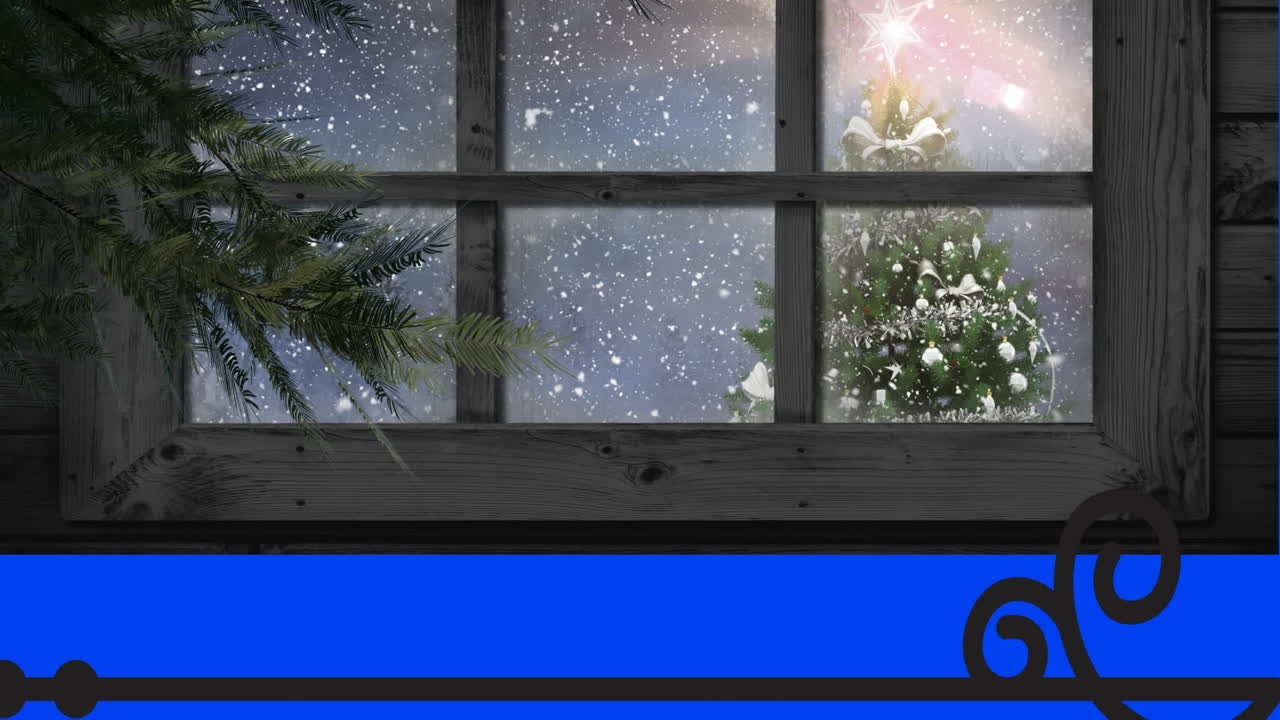 Animation of view of snow falling over christmas tree on winter landscape from window frame