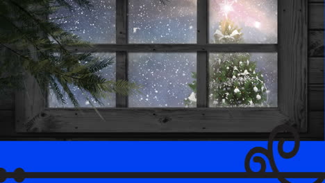 animation of view of snow falling over christmas tree on winter landscape from window frame