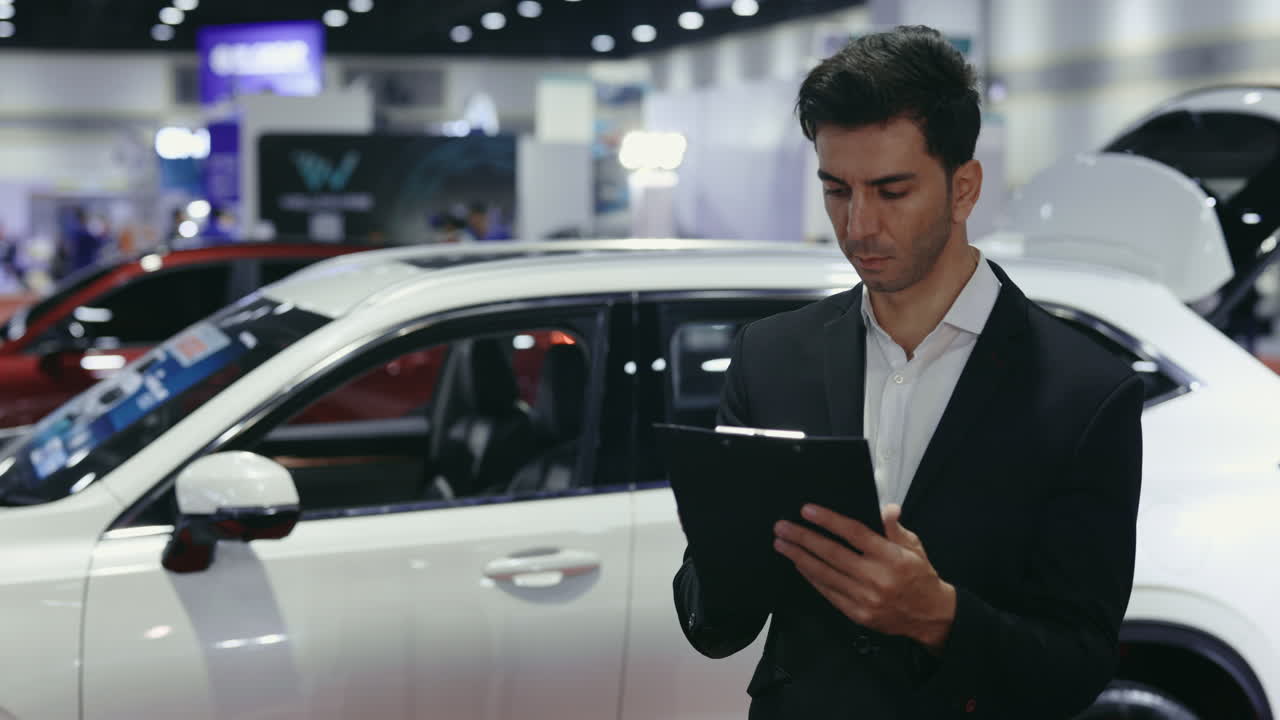 Businessman reviewing documents at a car showroom