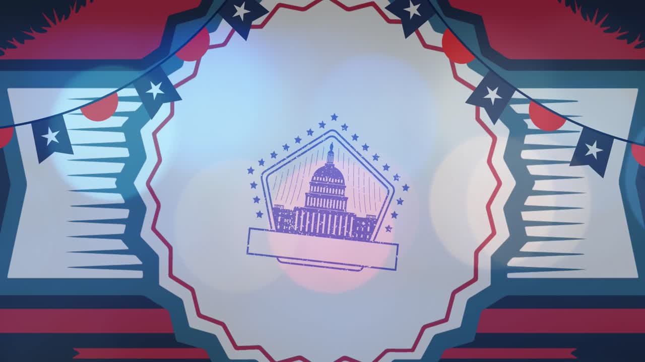 Animation of cotillion and usa flags over capitol and bokeh