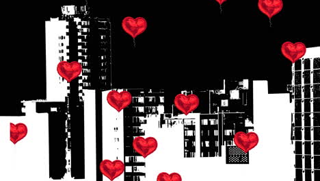 digital animation of red heart shaped balloons over silhouette of a city against black background