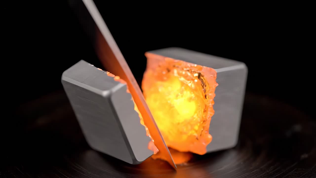 Knife Cutting a Metal Cube