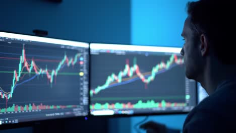 a focused trader analyzing stock market trends on dual monitors with graphs and price movements represented in a nighttime trading environment