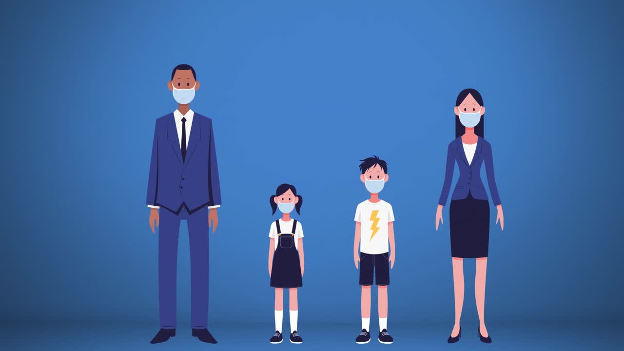 파란색 배경에 얼굴 마스크를 착용 한 가족 아이콘