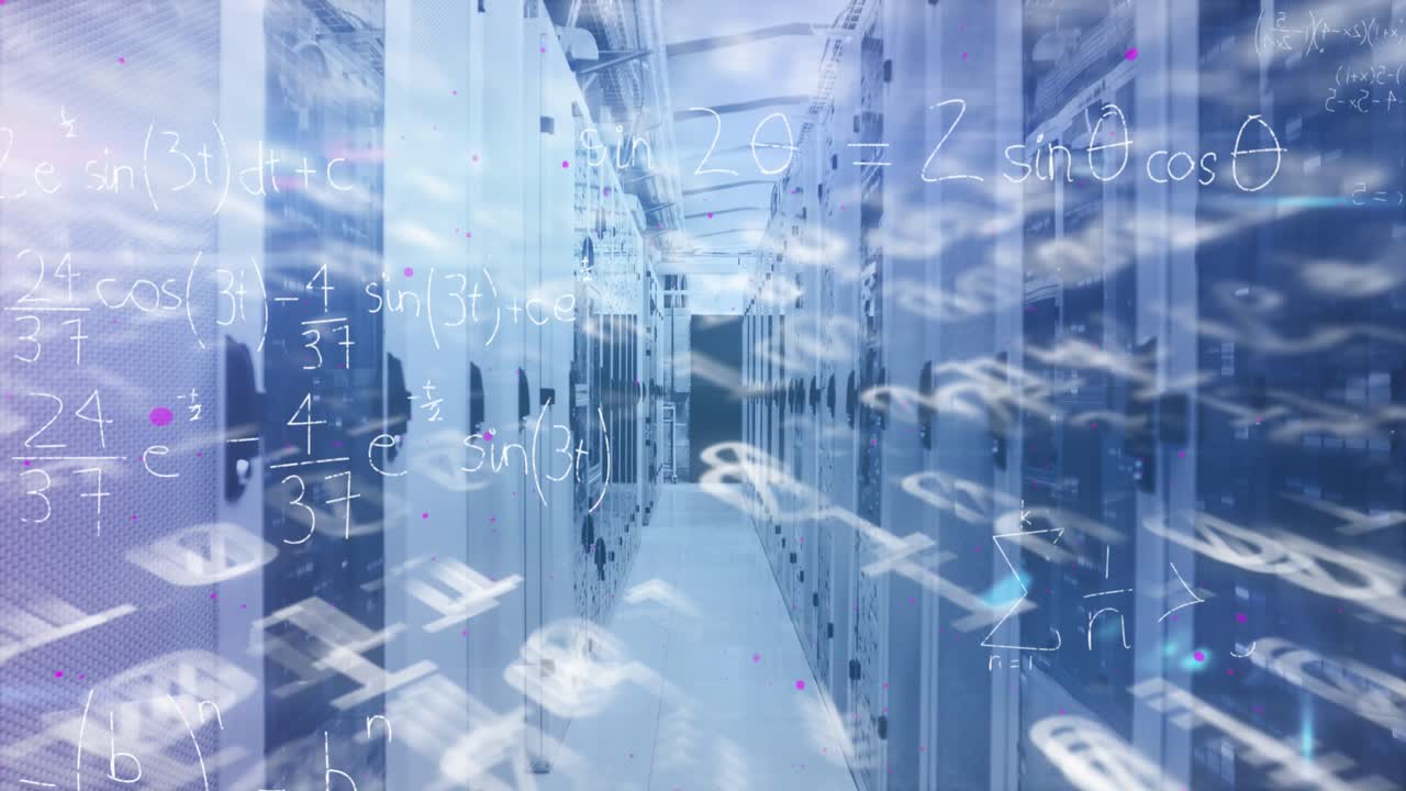 Animation of binary coding data processing and mathematical equations over computer server room