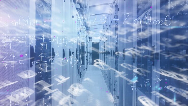 Animation of binary coding data processing and mathematical equations over computer server room