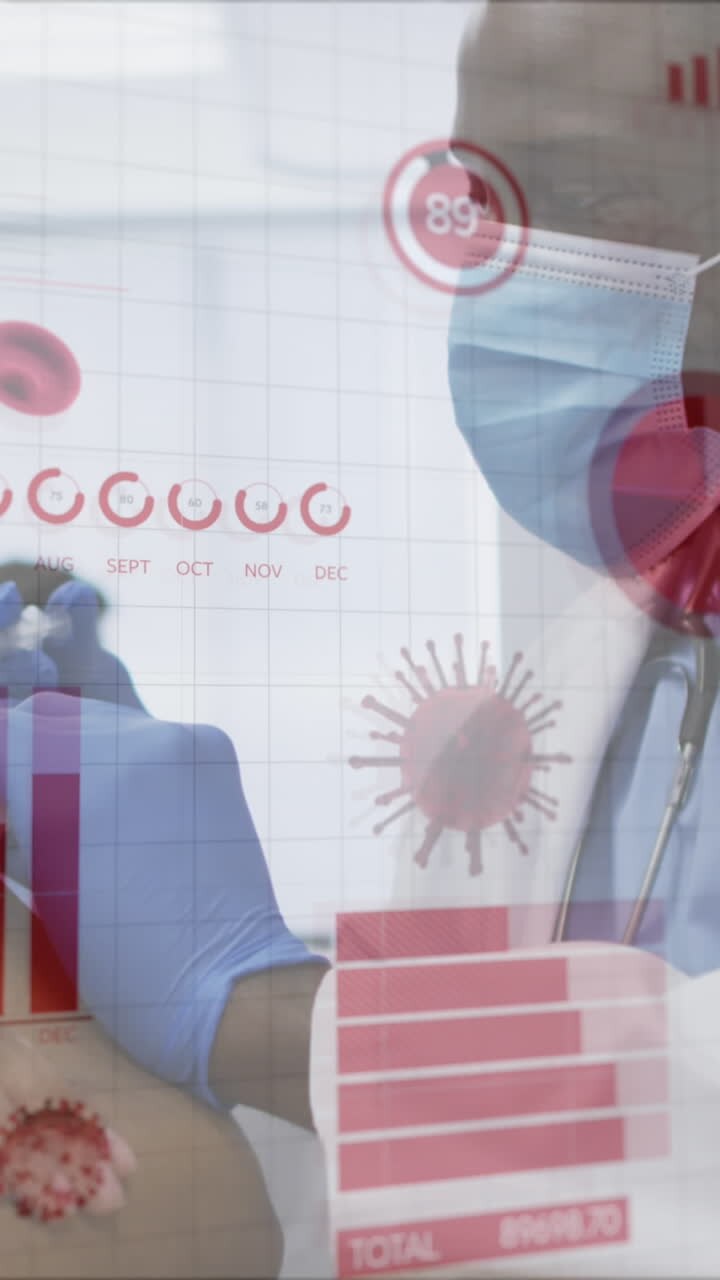 Animation of covid 19 cells and data over biracial female doctor in face mask getting vaccination