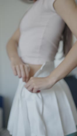 woman putting on a white pleated skirt