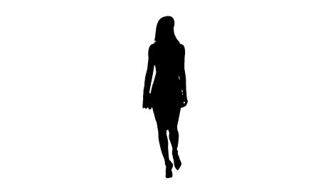 silhouette of casual young brunette girl in a dress walking in the white background.