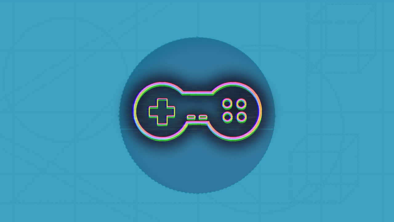 파란색 배경에 비디오 게임 컨트롤러 아이콘 위의 글리치 효과의 애니메이션