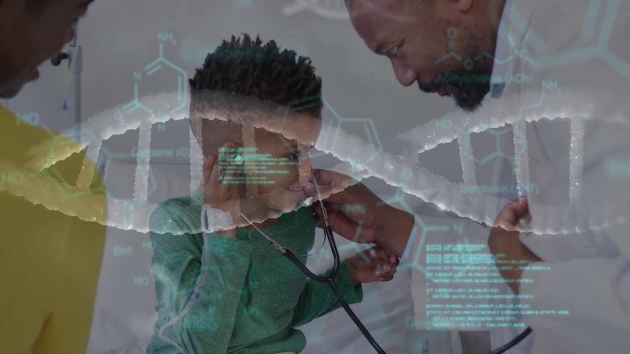 Animation of scientific data processing over african american male doctor with boy patient