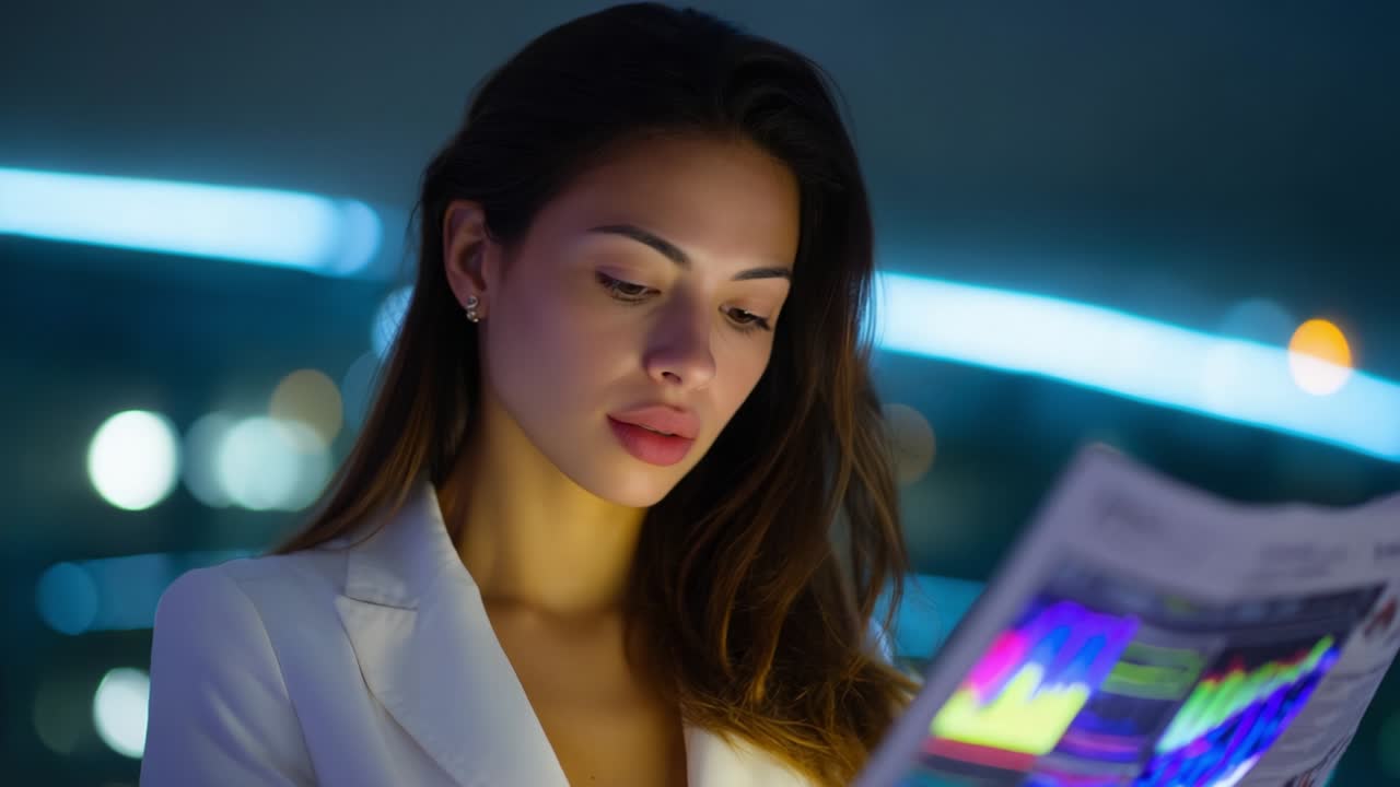 A professional woman in a suit examines colorful data charts and graphs under dim lighting, emphasizing her focus and analytical skills in a modern business environment as she plans strategic actions