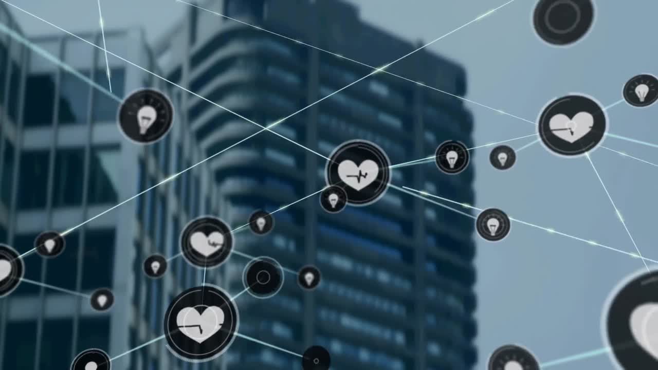 Rede de ícones digitais com arranha-céus ao fundo.