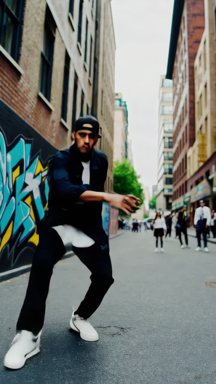 Breakdance Dinâmico em um Cenário Urbano com Grafite